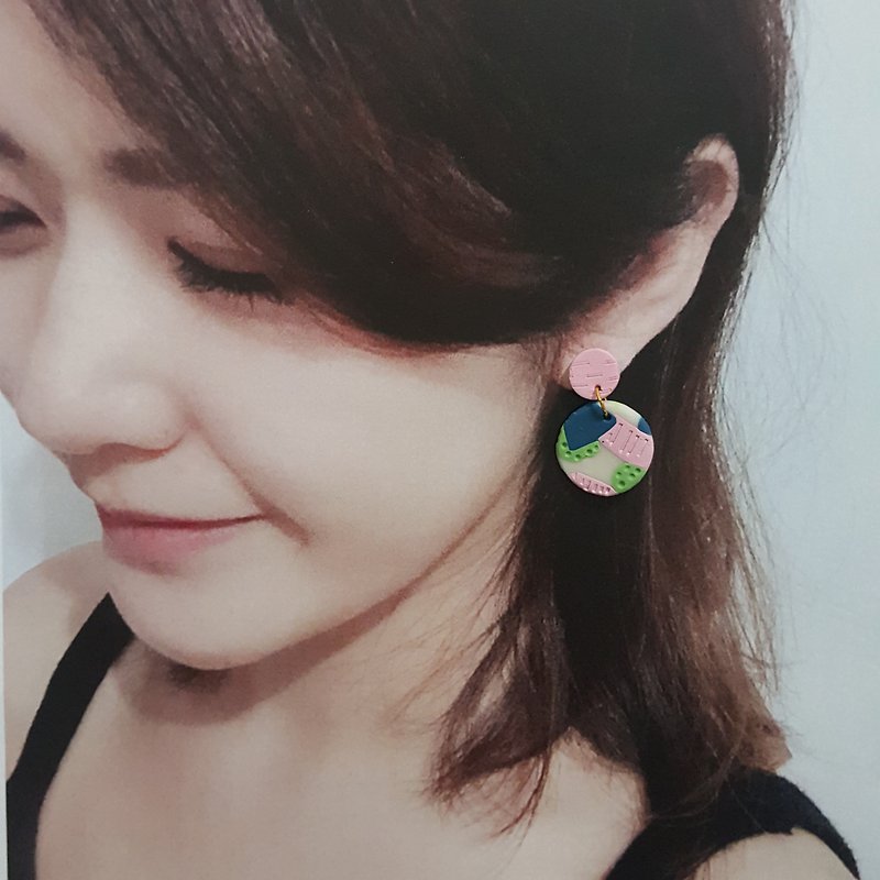French micro sweet art style / double round ear earrings / hand made earrings / earrings / ear / earrings - ต่างหู - ดินเหนียว หลากหลายสี