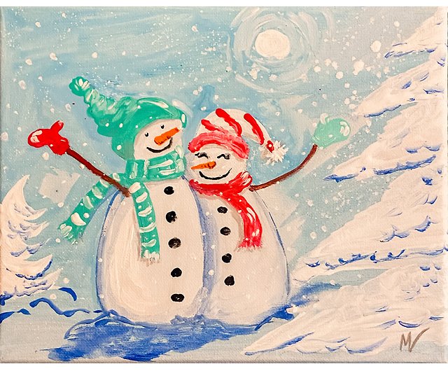 雪のカップルの絵画雪だるまクリスマスオリジナルアートアクリルアート