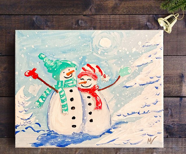 雪のカップルの絵画雪だるまクリスマスオリジナルアートアクリルアート