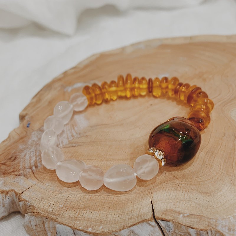 Handmade Exclusive Fired Glass Beads Baltic Amber x Pink Crystal Bronze Rhinestone Accessory Bracelet
