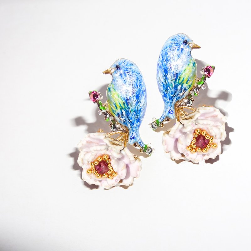 Enamel series enamel peony branch blue bird earrings pre-order - Earrings & Clip-ons - Enamel 