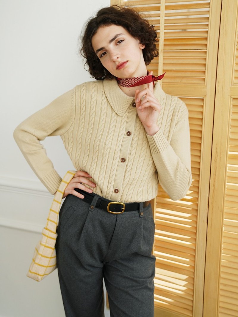 ECRU SOLI Retro French Twist Collar Merino Cardigan - Women's Sweaters - Wool Khaki