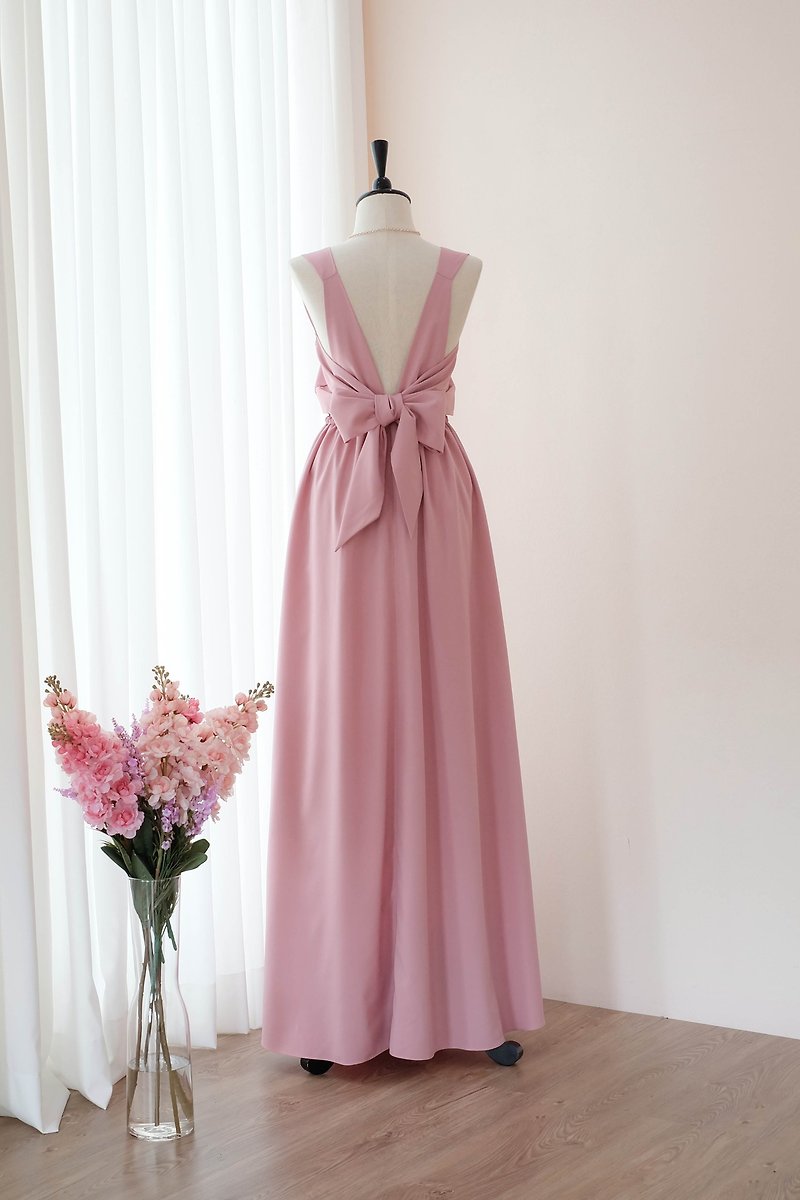 Pink nude maxi bridesmaid dress Backless pink cocktail evening dress - Evening Dresses & Gowns - Polyester Pink