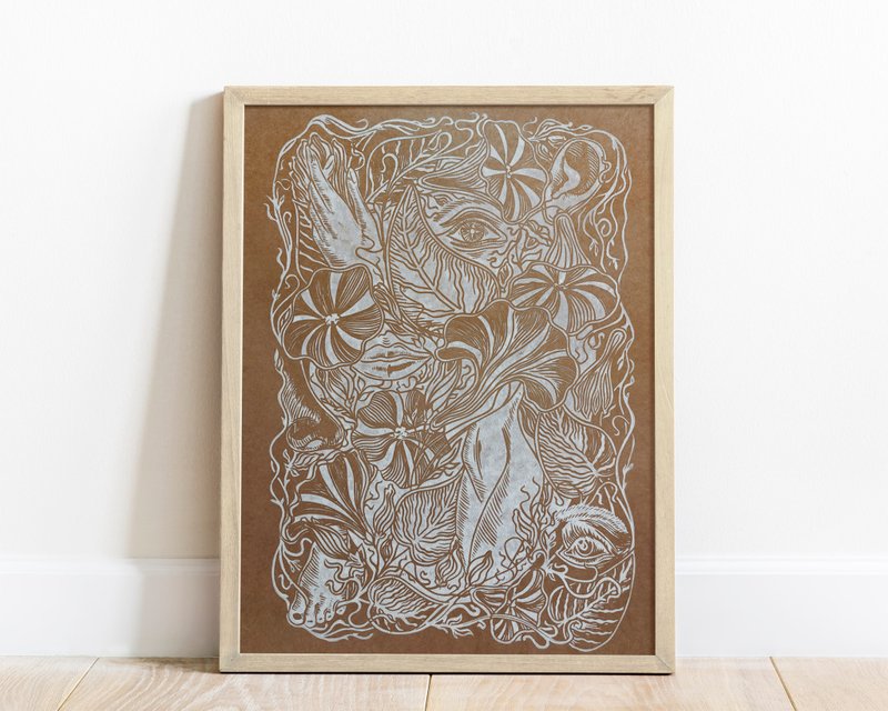 Linocut print White brown Body parts of a woman Bellflower and nature plant art - Posters - Paper Black