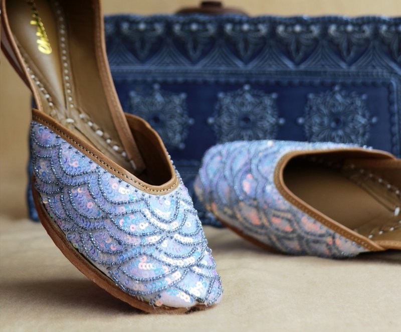 Mermaid Indian Retro Fantasy Blue Fishtail Style Fairy Handmade Leather Shoes - อื่นๆ - หนังแท้ สีน้ำเงิน