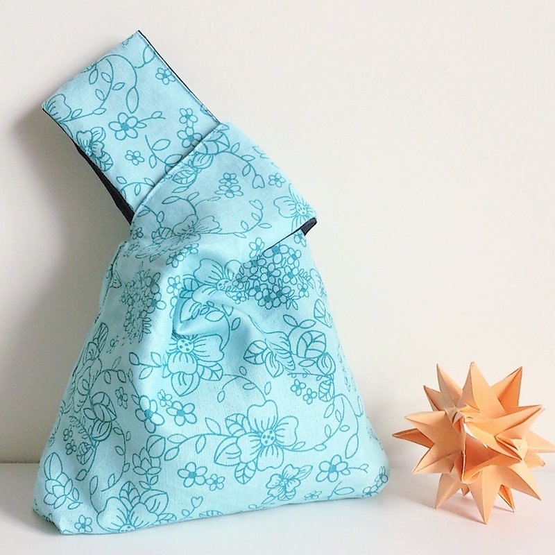 【In Stock】Knot Bag (Double-sided: Aqua-Green floral print x Dk Blue) - Handbags & Totes - Cotton & Hemp Green