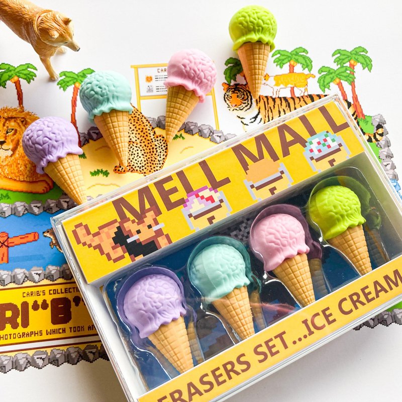 アイスクリーム 消しゴム 4個セット ボックス入り CARIBZOO 動物園 アイスクリーム1 ICE CREAM 1 海譜 猫 ドット絵 - 其他書寫用具 - 紙 黃色