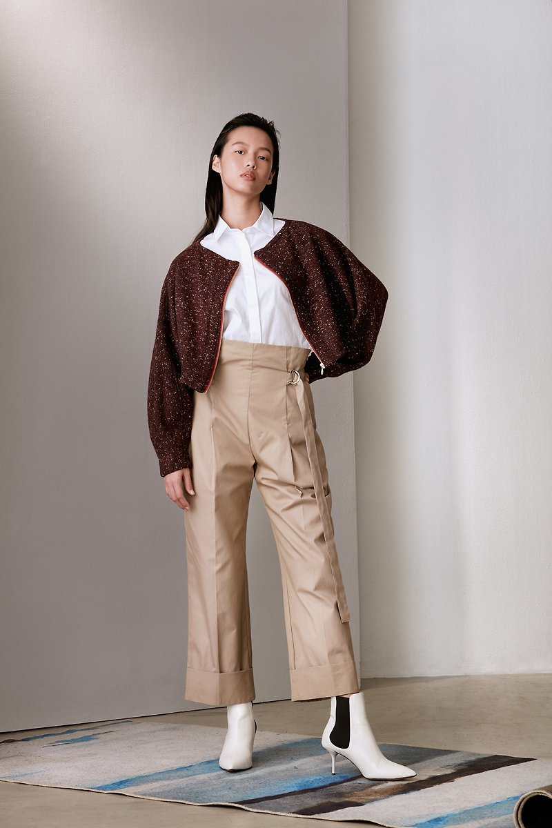 YIBO/ Khaki high-waist straight-leg pants - Women's Pants - Cotton & Hemp 
