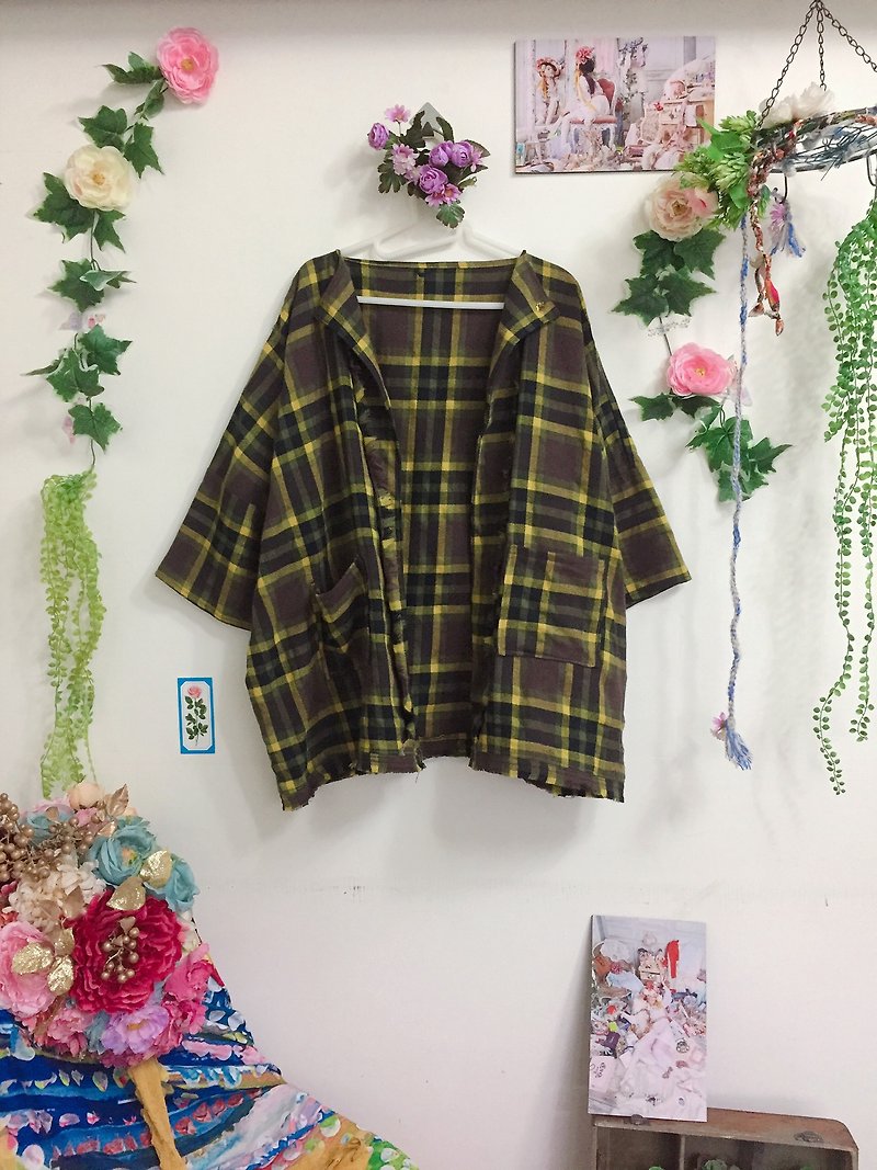 //Nail Removal//Coat_Yellow-green Plaid Whiskering Coat - Women's Casual & Functional Jackets - Wool Green