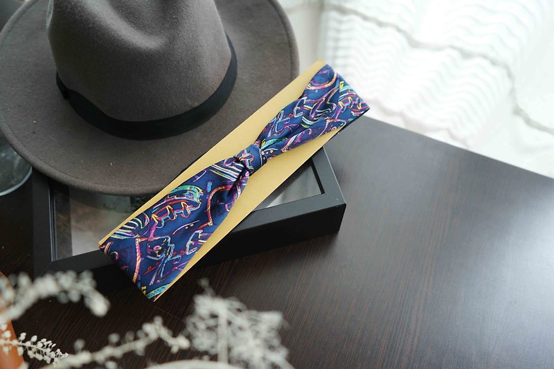 古董領帶改造復古鐵絲髮帶-電子音樂-深藍 - 髮帶/髮箍 - 聚酯纖維 藍色