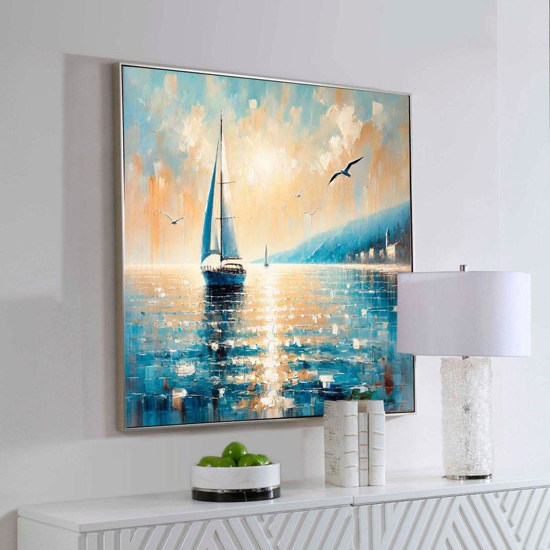 遊艇藝術品, 布面海洋畫, 紋理藝術, 海景畫 - 壁貼/牆壁裝飾 - 其他材質 藍色