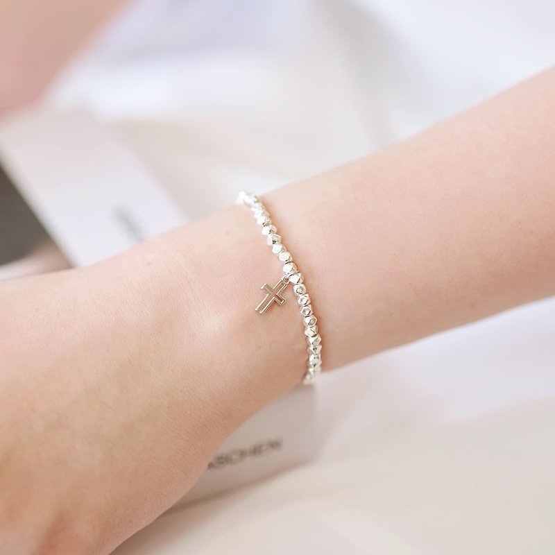 Holy spirit [shine and shine] 925 silver irregular beaded cross bracelet - Bracelets - Sterling Silver White