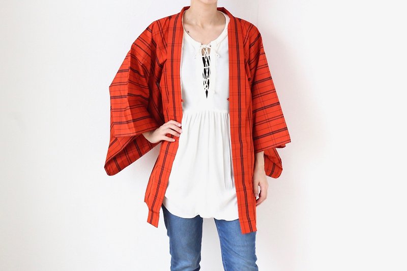 plaid kimono, kimono jacket, authentic kimono, Japanese fashion /3864 - 外套/大衣 - 聚酯纖維 橘色