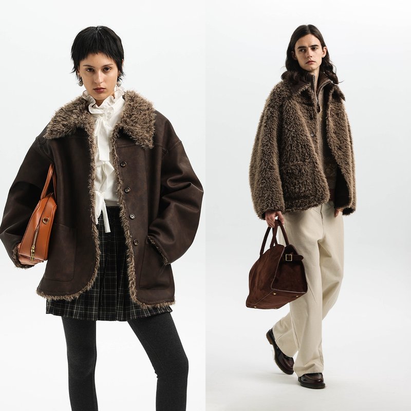Unvesno(UN) Barn-style Vintage Old Money Taupe Shearling-Lined Faux Fur Reversible Warm Jacket - Men's Coats & Jackets - Other Materials 