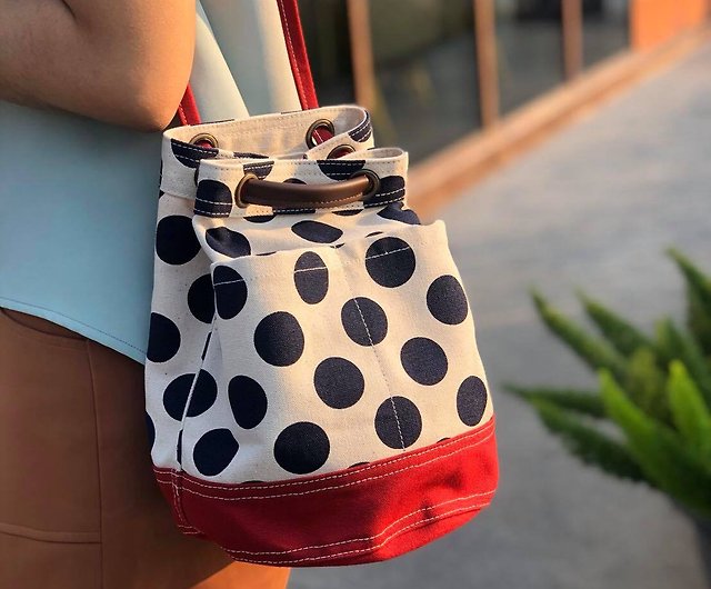 Mini Red Polka Dot Canvas Bucket Bag with strap /Leather Handles