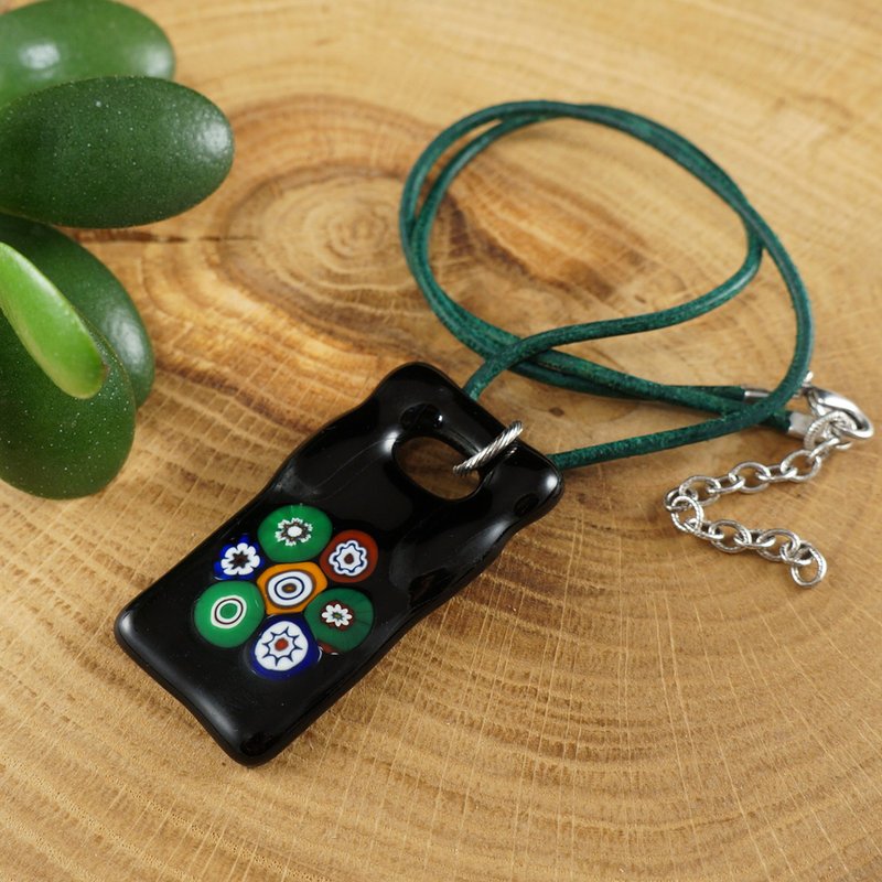 Black Green Millefiori Lampwork Murano Glass Rectangle Pendant Necklace Jewelry - สร้อยคอ - แก้ว สีดำ