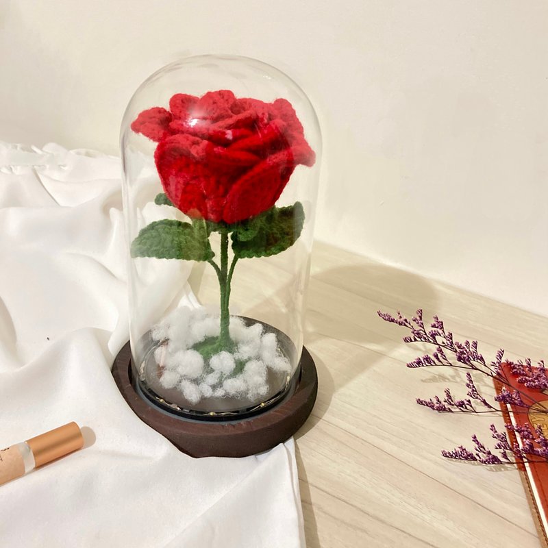 小王子毛線鉤織玫瑰花玻璃盅/夜燈 - 乾燥花/永生花 - 棉．麻 紅色
