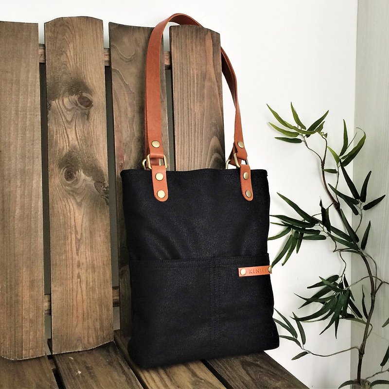 DOUBLE STRAP SHOULDER BAG WITH GENUINE LEATHER STRAP - Handbags & Totes - Cotton & Hemp Black