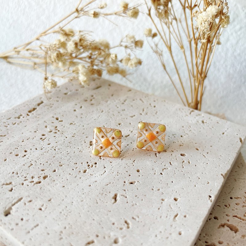 Retro Tile Yellow Orange Square Earrings/Stud Earrings/ Clip-On - Earrings & Clip-ons - Resin 