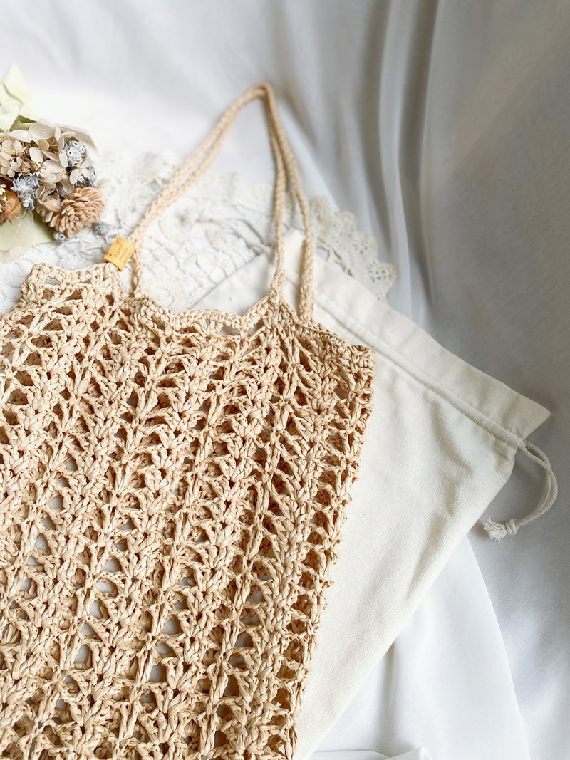 【好日手作】Handmade。夏日手工韓國拉菲草編織奶油色肩背手提包 - 手提包/手提袋 - 其他材質 卡其色