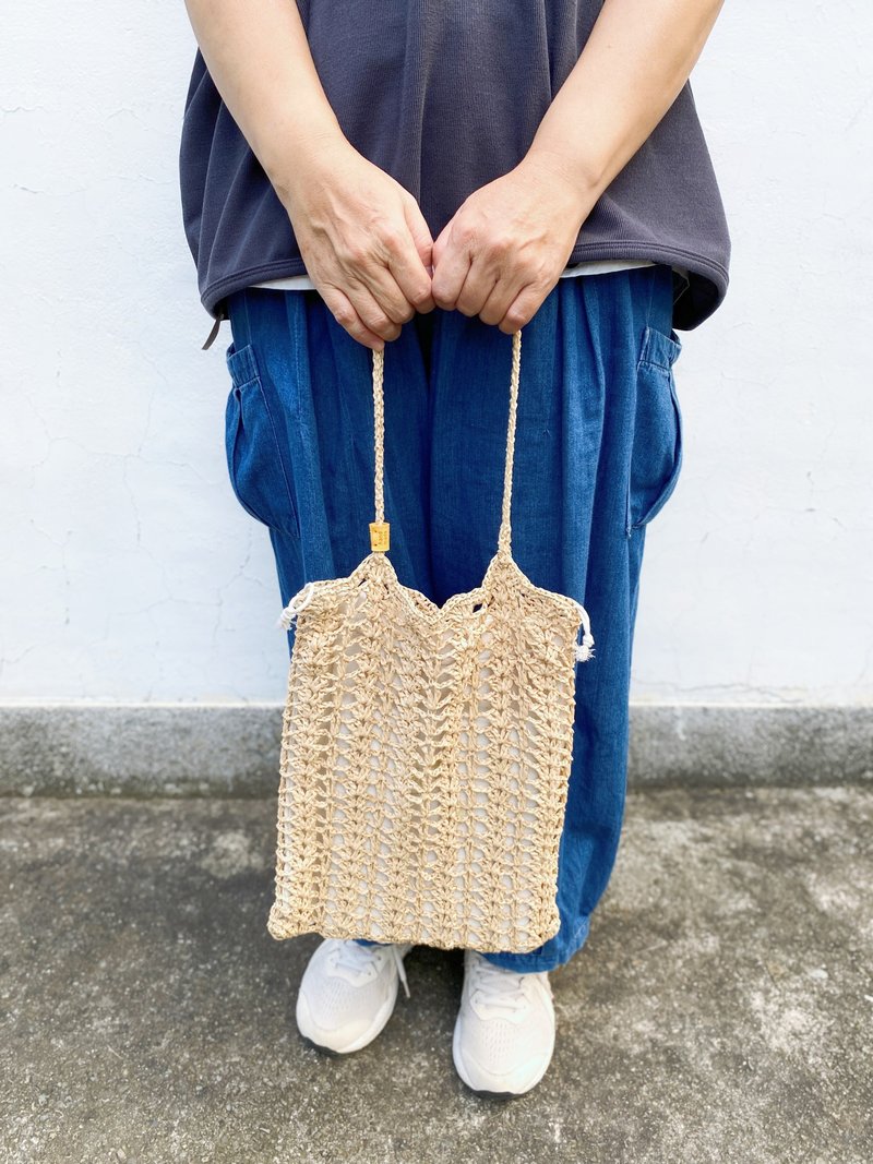 【好日手作】Handmade。夏日手工韓國拉菲草編織奶油色肩背手提包 - 手提包/手提袋 - 其他材質 卡其色
