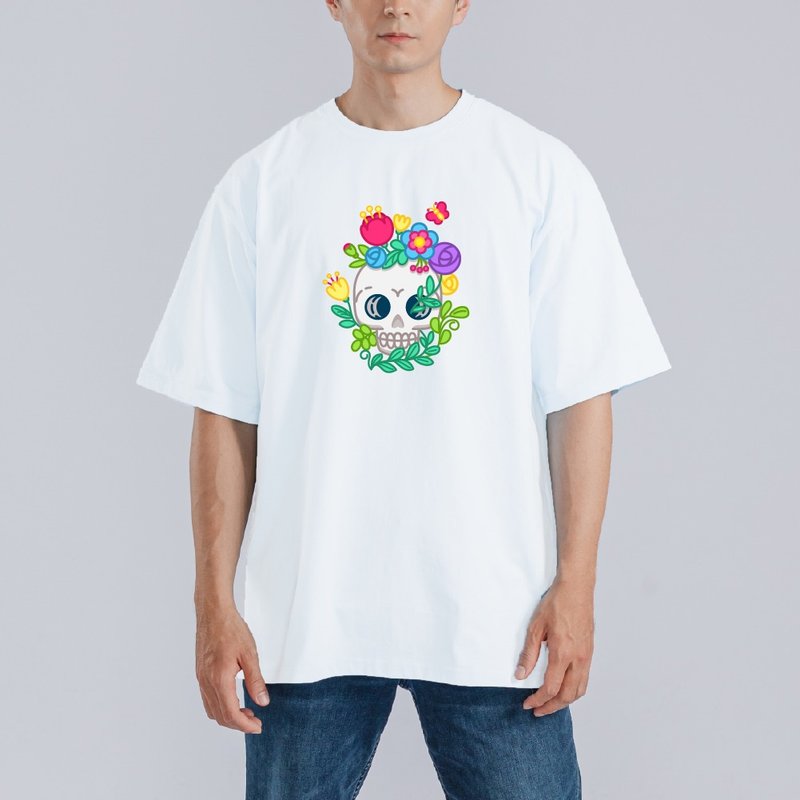 SKULL 骷髏 花 美式 插畫 衣服 落肩 厚磅 寬版 T恤 吸濕排汗 白T - 男 T 恤 - 棉．麻 多色