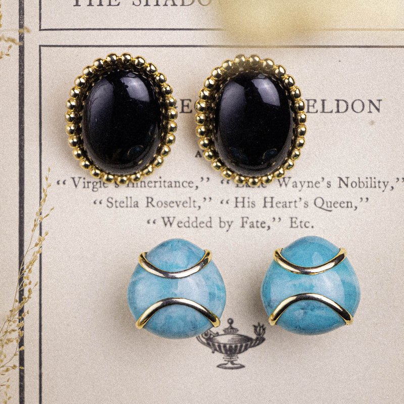 American Monet brand antique ball edge oval black Gemstone and Larimar Stone patented painless Clip-On - Earrings & Clip-ons - Other Metals Black