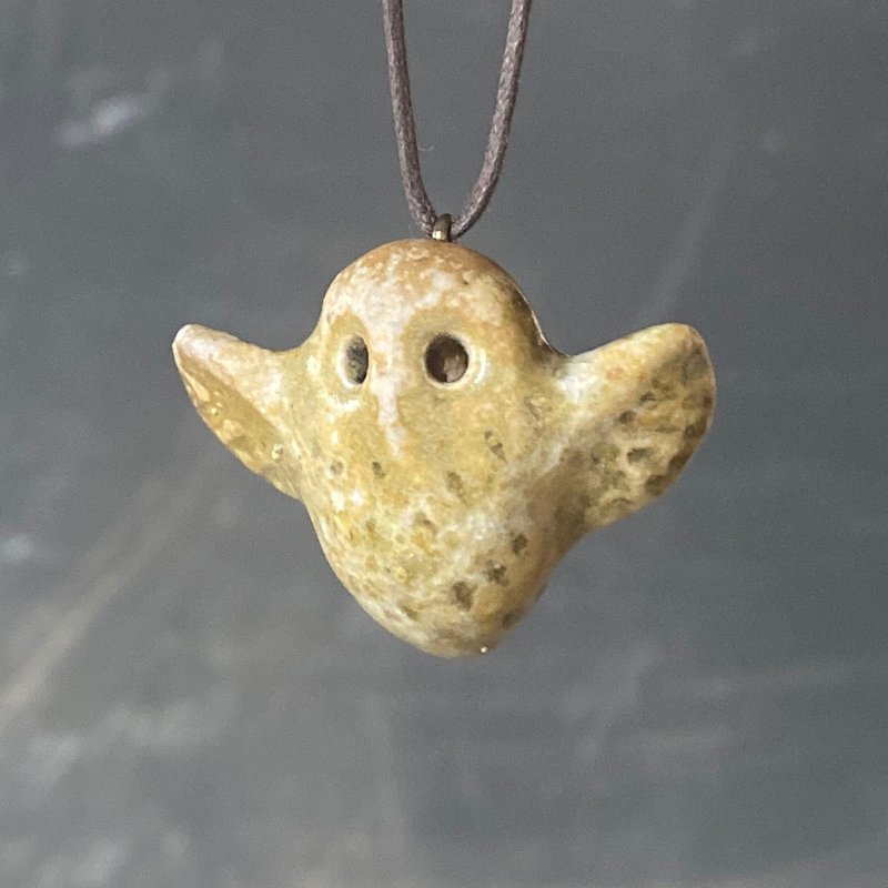 Wood fired pottery essential oil necklace tea foam small wings owl - สร้อยคอ - ดินเผา สีกากี