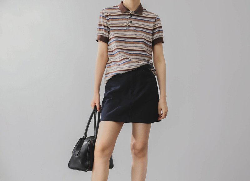 French retro girl nerd style striped knitted polo POLO shirt - เสื้อยืดผู้หญิง - ผ้าฝ้าย/ผ้าลินิน หลากหลายสี