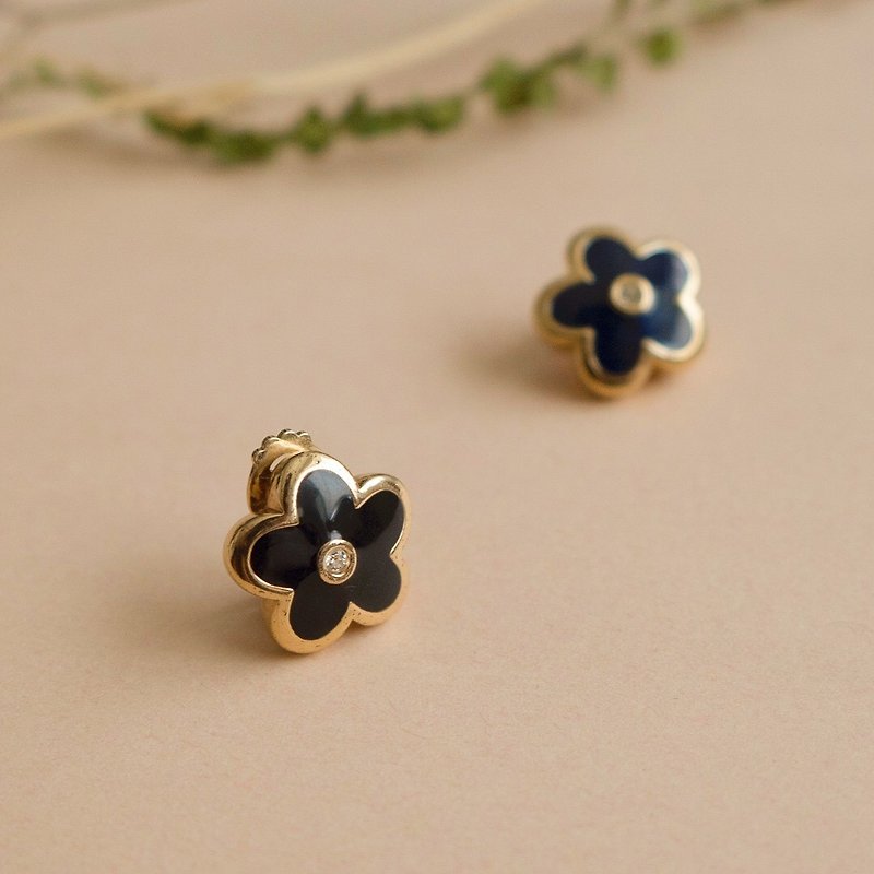 90s Gold Deep Blue Flower Clip Earrings - ต่างหู - โลหะ สีดำ