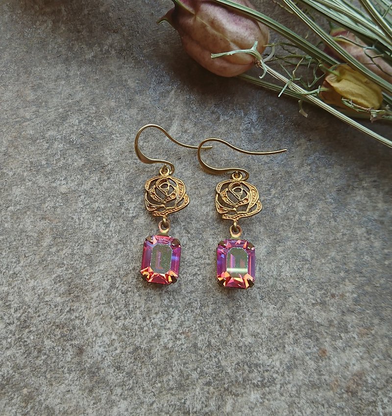 玫瑰色古董Swarovski耳環 - 耳環/耳夾 - 玻璃 粉紅色