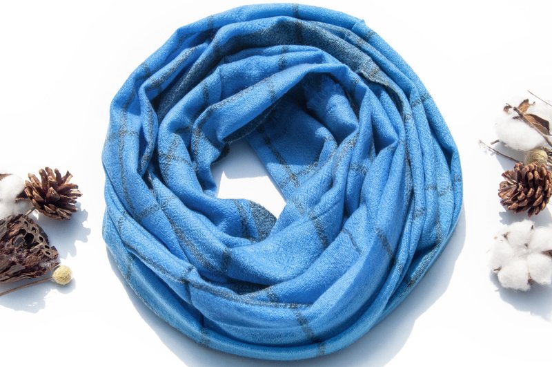 Cashmere Knitted Scarf Pure Wool Scarf Hand Knitted Scarf Woven Scarf - Plaid - Knit Scarves & Wraps - Wool Blue