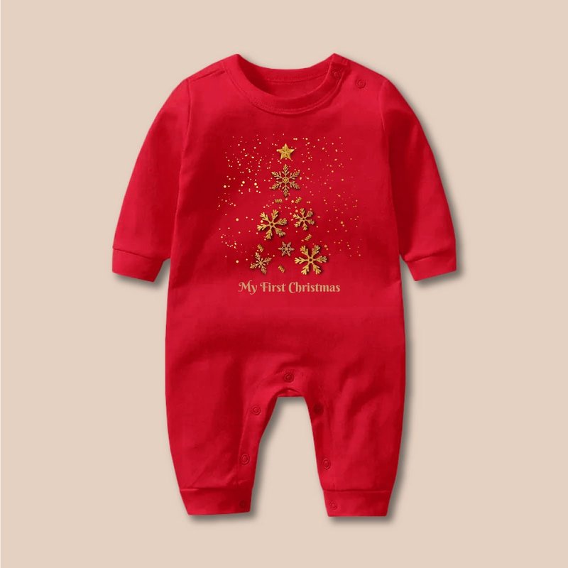 Golden Snowflake Christmas Tree customized jumpsuit Red - ชุดทั้งตัว - ผ้าฝ้าย/ผ้าลินิน สีแดง