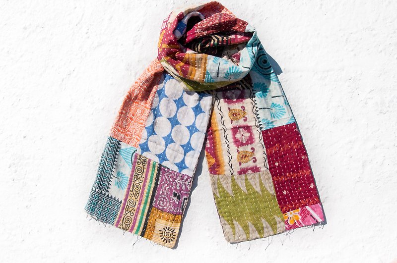 Hand-stitched gauze stitching scarves / embroidered scarves / embroidered scarves / hand-sewn sari silk scarves - geometric forest - Knit Scarves & Wraps - Cotton & Hemp Multicolor