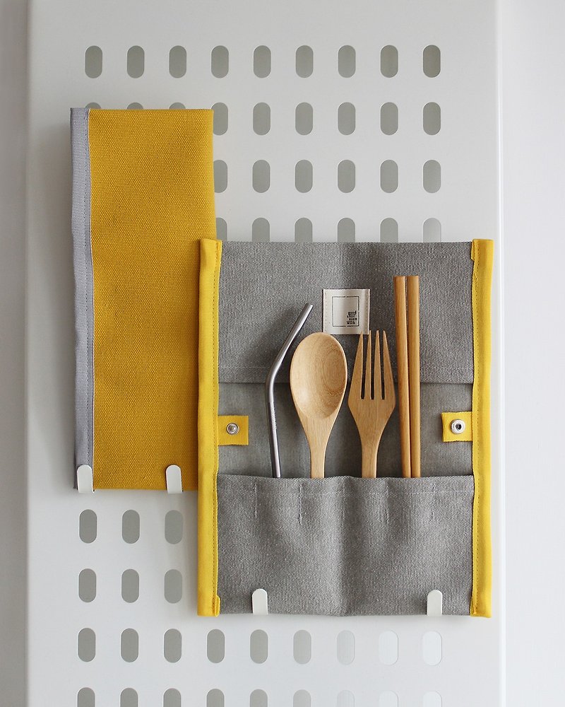 棉．麻 餐具/刀叉湯匙 灰色 - All-in-one 厚帆布餐具布套 啪鈕款  防水內裡 黃與灰
