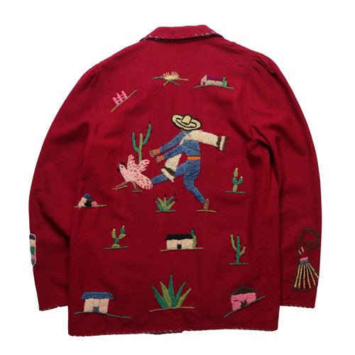1940年代のメキシカンレッドペザント刺繍ウールスーベニアジャケット