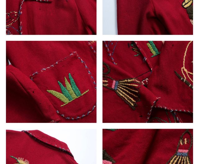 メキシコ　スーベニアジャケット　古着　民芸 1940年代 メキシカンレッドペザント刺繍ウールスーベニア
