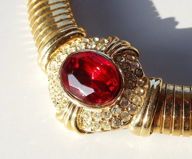 80s Vintage red cabochon × rhinestone design necklace - Shop panic 