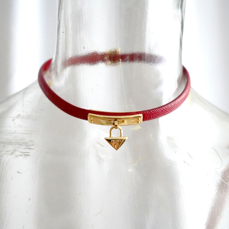 Brand new PRADA red leather collar with gold triangle tag choker necklace Italian famous brand luxury goods - Necklaces - Other Metals Red