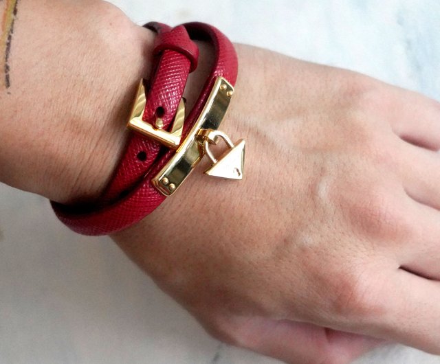 PRADA Red Leather Choker with Gold Triangle Logo Tag