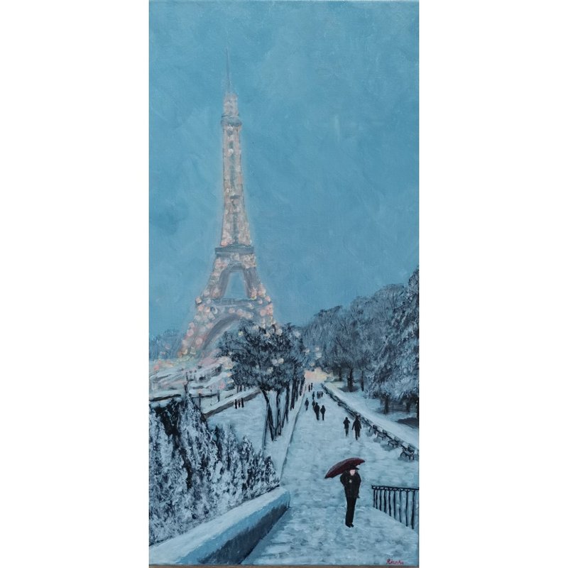 Winter Snowy Paris Cityscape Original Painting On Canvas By RinaArtSK - Wall Décor - Other Materials Multicolor