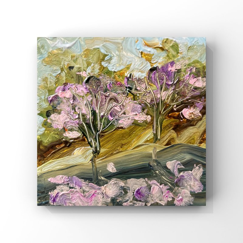 Abstract Blooming Spring Sakura Trees Pink Blossoms Original Oil Painting 4x4 in - 海報/掛畫/掛布 - 其他材質 多色
