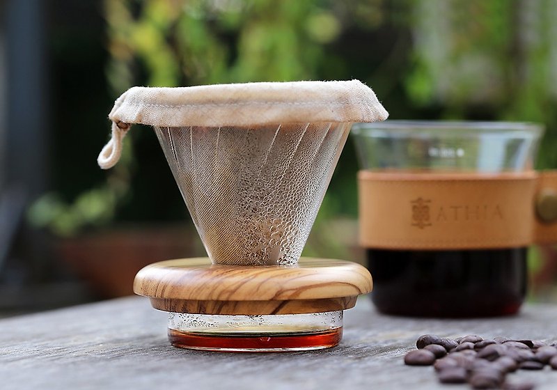 手沖咖啡隨行握杯套組 真皮原木 棉麻天然濾布 保留咖啡油脂香醇 - 杯/玻璃杯 - 玻璃 咖啡色