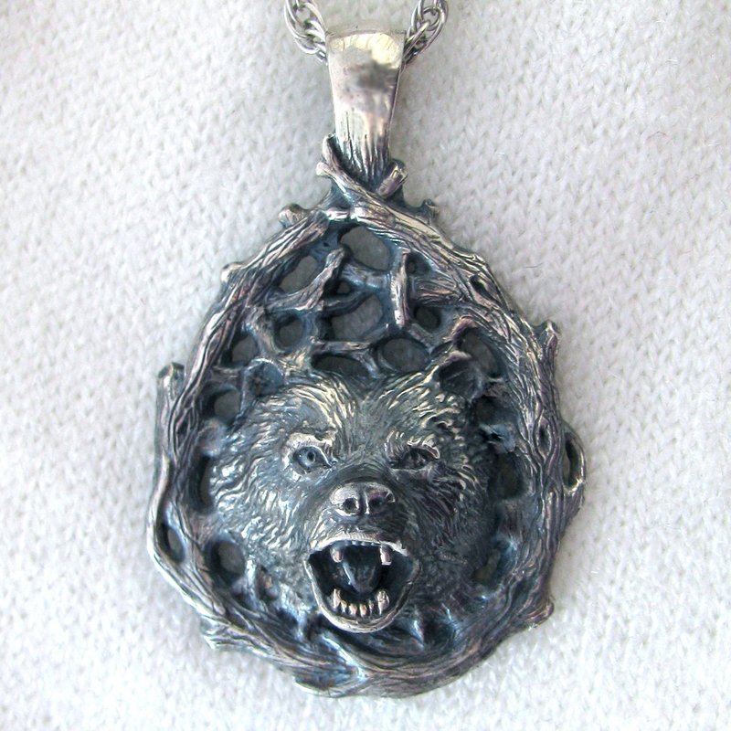 Silver Bear Pendant.Bear Pendant.Silver Bear Jewelry.Bear charm.Bear jewelry. - สร้อยคอ - เงินแท้ สีเงิน