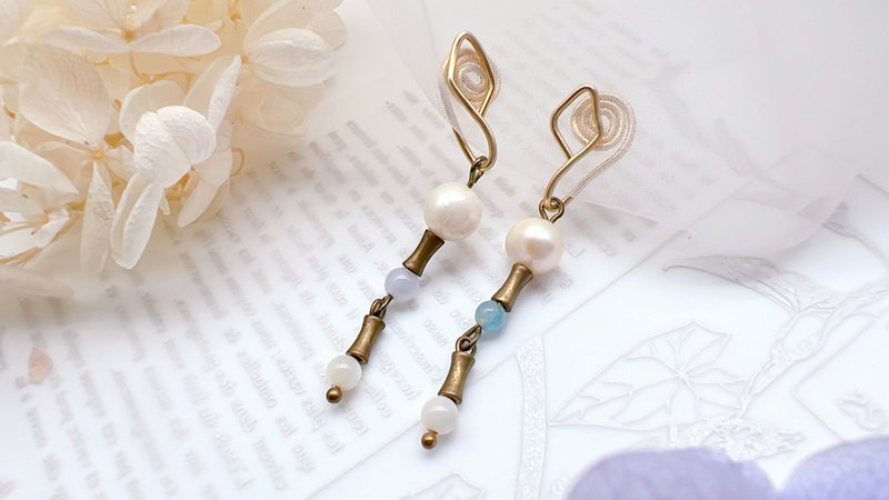 l Chengliang l Natural Pearl Retro Natural Stone Earrings Handmade Original Design Painless Patent Clip-On - ต่างหู - วัสดุอื่นๆ หลากหลายสี