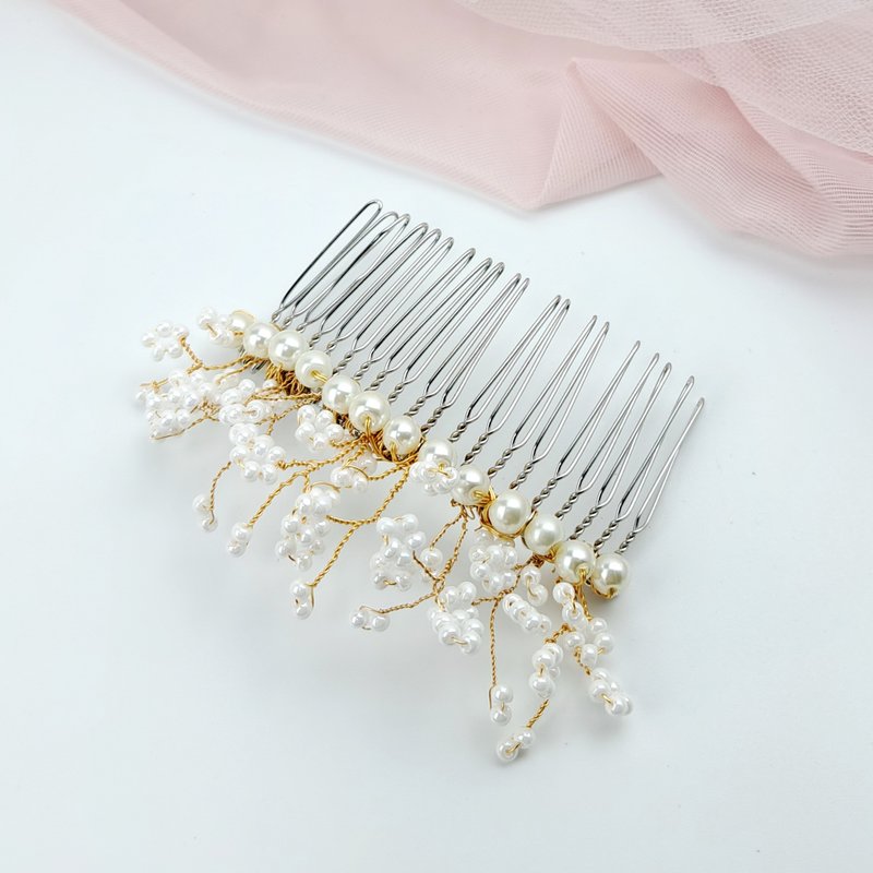 Pearl hair comb bridal head flower banquet headdress hair accessories [noble and elegant style] WH023 - เครื่องประดับผม - ผ้าไหม สีทอง