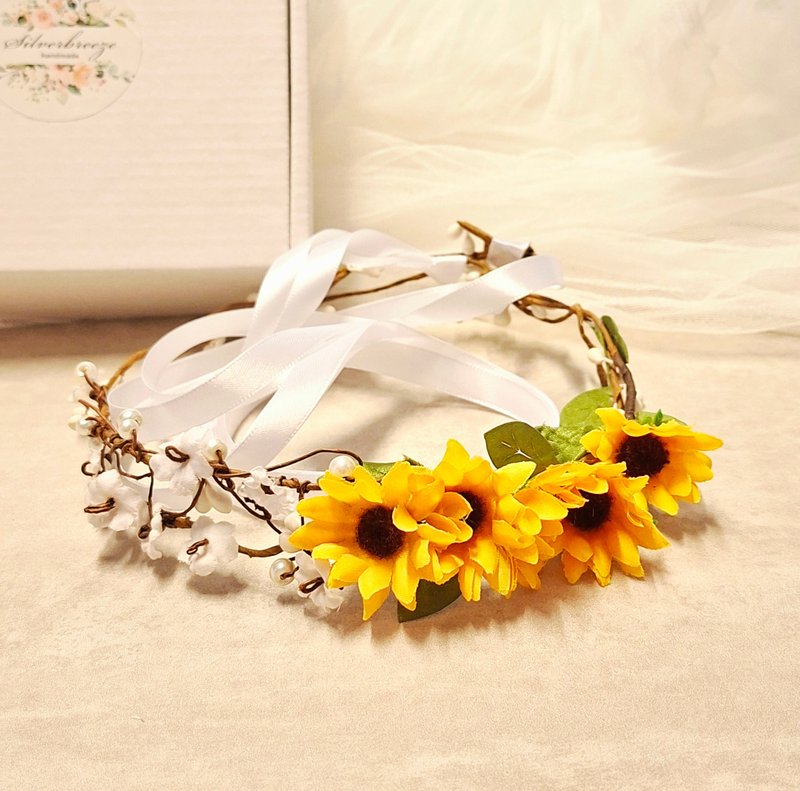 新娘花冠 歐陸田園風花環 向日葵頭冠 C13 - 髮夾/髮圈 - 絲．絹 橘色