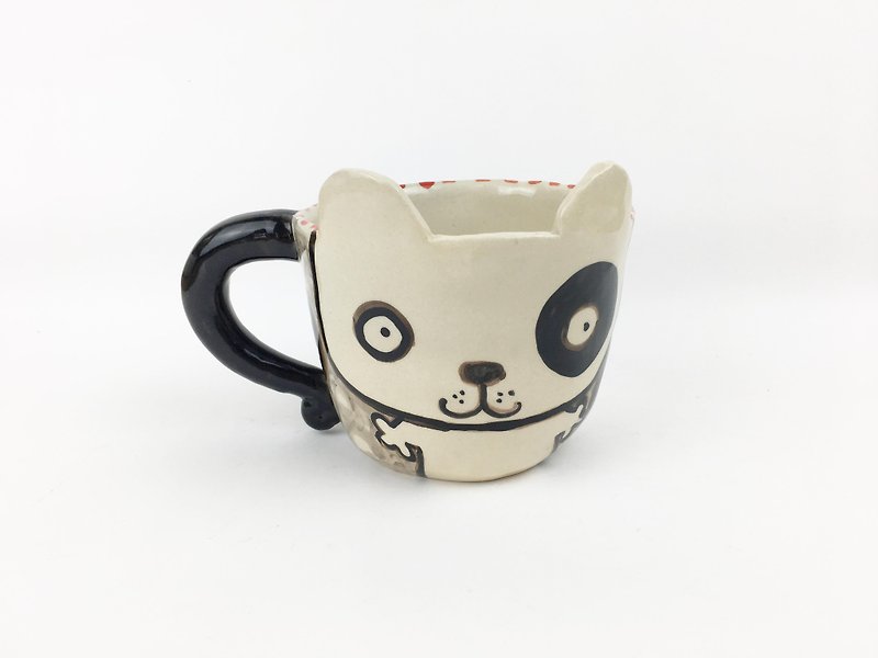Nice Little Clay handmade ear mug black round dog hyena 0104-01 - แก้วมัค/แก้วกาแฟ - ดินเผา สีเทา