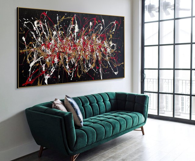 ジャクソン・ポロック風の抽象画、ドリップペインティング（赤と金の