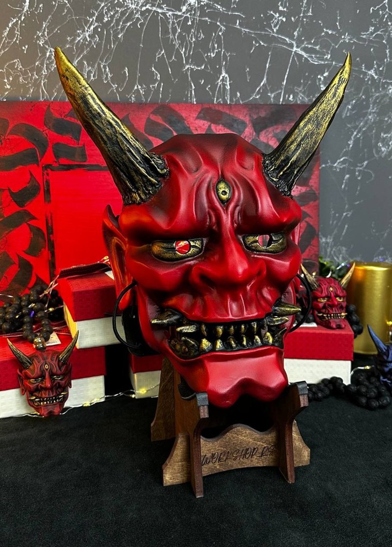 Japanese Red Oni mask Wearable, Demon mask, Wall Oni mask, Yokai mask - หน้ากาก - เรซิน สีแดง